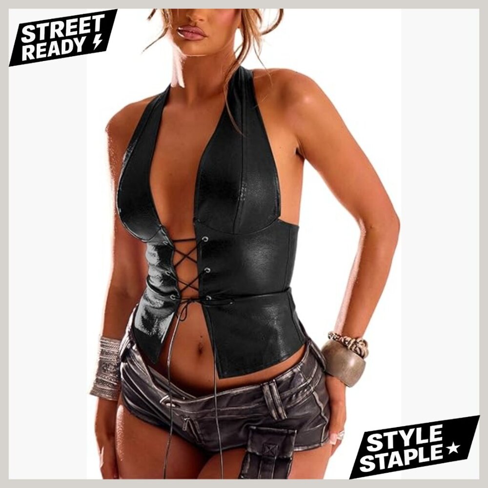 PU Leather Halter Bustier Crop Top Lace Up Backless Sexy Clubwear